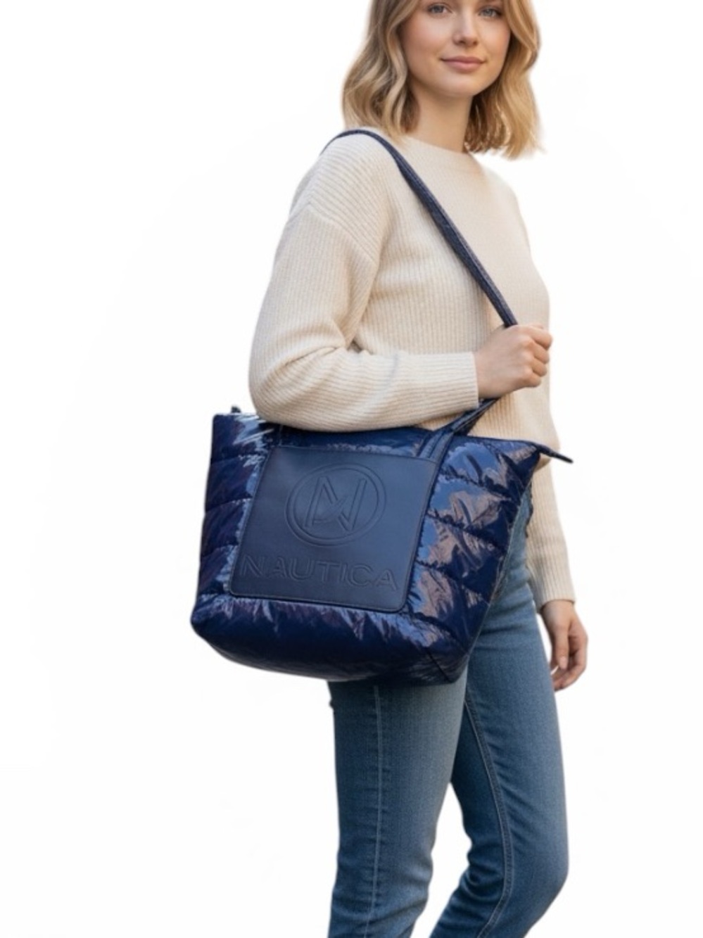 Nautica Electric Blue Quilted Puffy Shiny Nylon Logo Embellished Weekend Tote